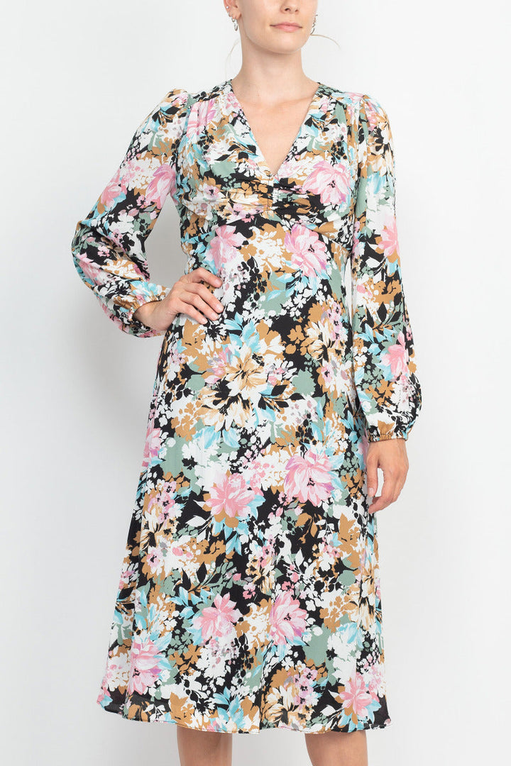 London Times V-Neck Bishop Long Sleeve Floral Print Zipper Back Crepe Dress