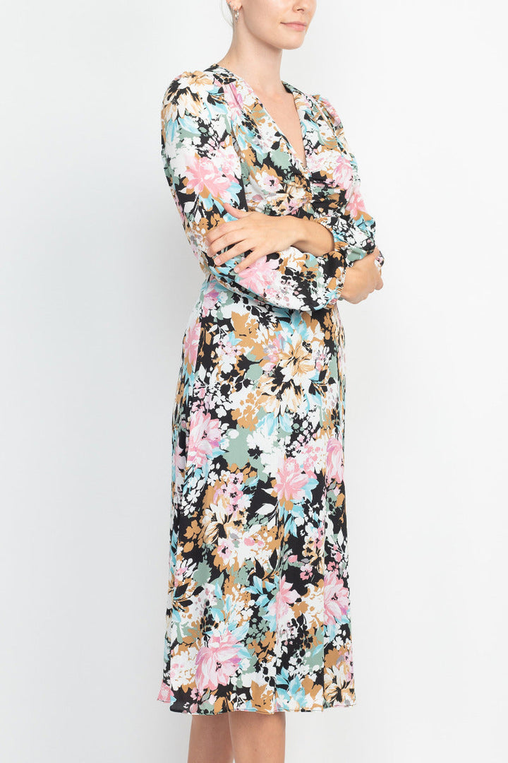 London Times V-Neck Bishop Long Sleeve Floral Print Zipper Back Crepe Dress