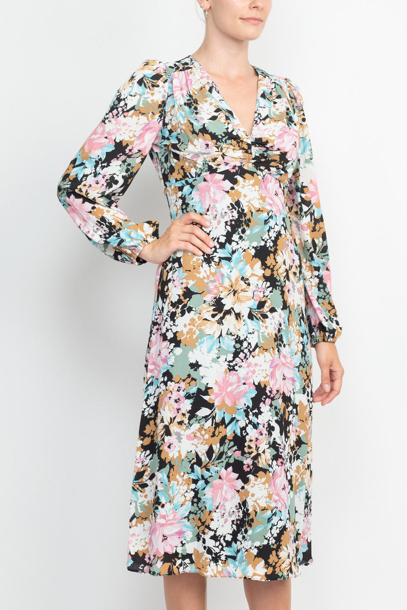 London Times V-Neck Bishop Long Sleeve Floral Print Zipper Back Crepe Dress