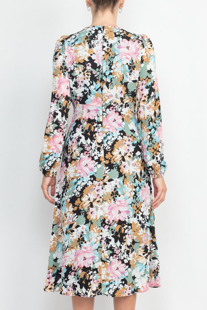 London Times V-Neck Bishop Long Sleeve Floral Print Zipper Back Crepe Dress