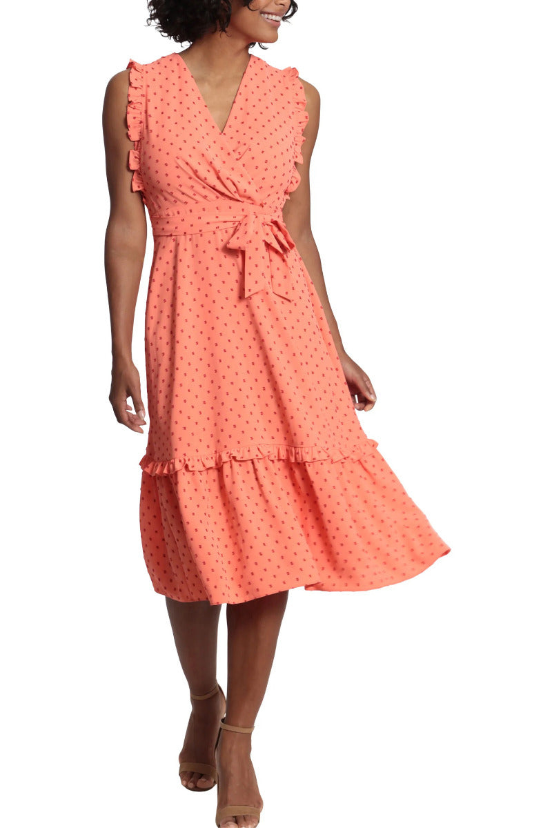 London Times V-Neck Ruffled Shoulder Sleeveless Tiered Skirt Tie Waist Clip Dot Print Dress