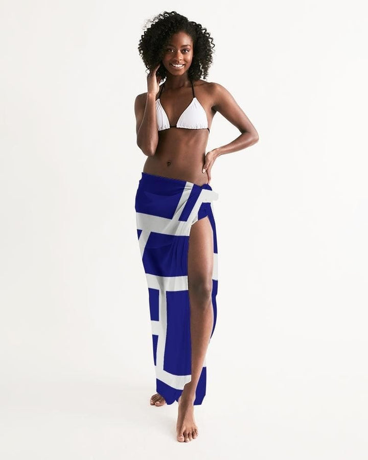 Sheer Sarong Swimsuit Cover Up Wrap / Geometric Dark Blue And White