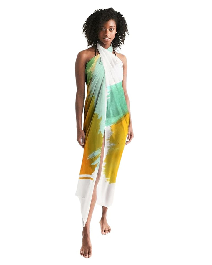 Sheer Swimsuit Cover Up Abstract Print Orange And Green