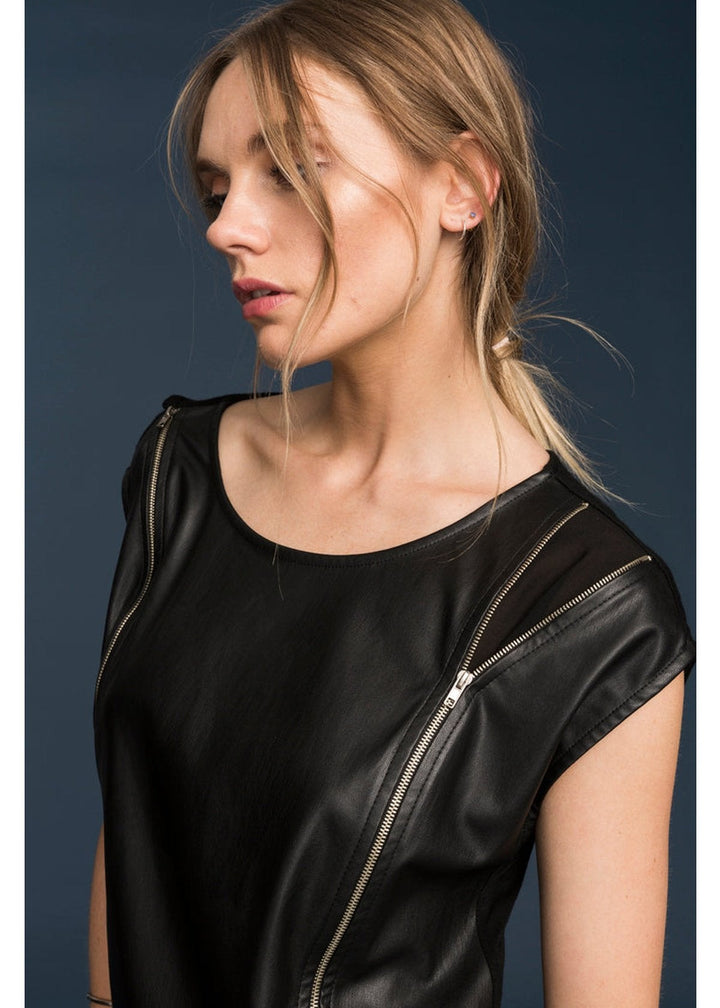 Women's Zip Shoulder Leather Front Top by Shop at Konus