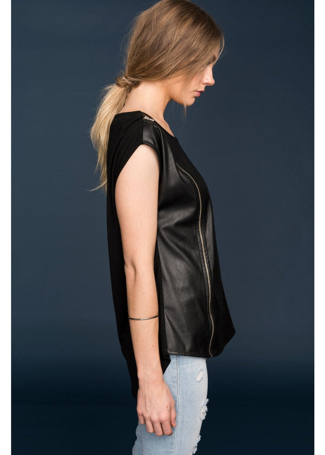 Women's Zip Shoulder Leather Front Top by Shop at Konus