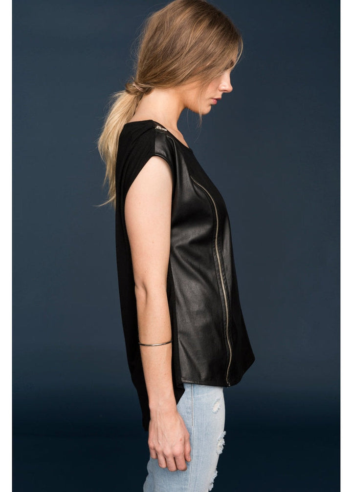 Women's Zip Shoulder Leather Front Top by Shop at Konus