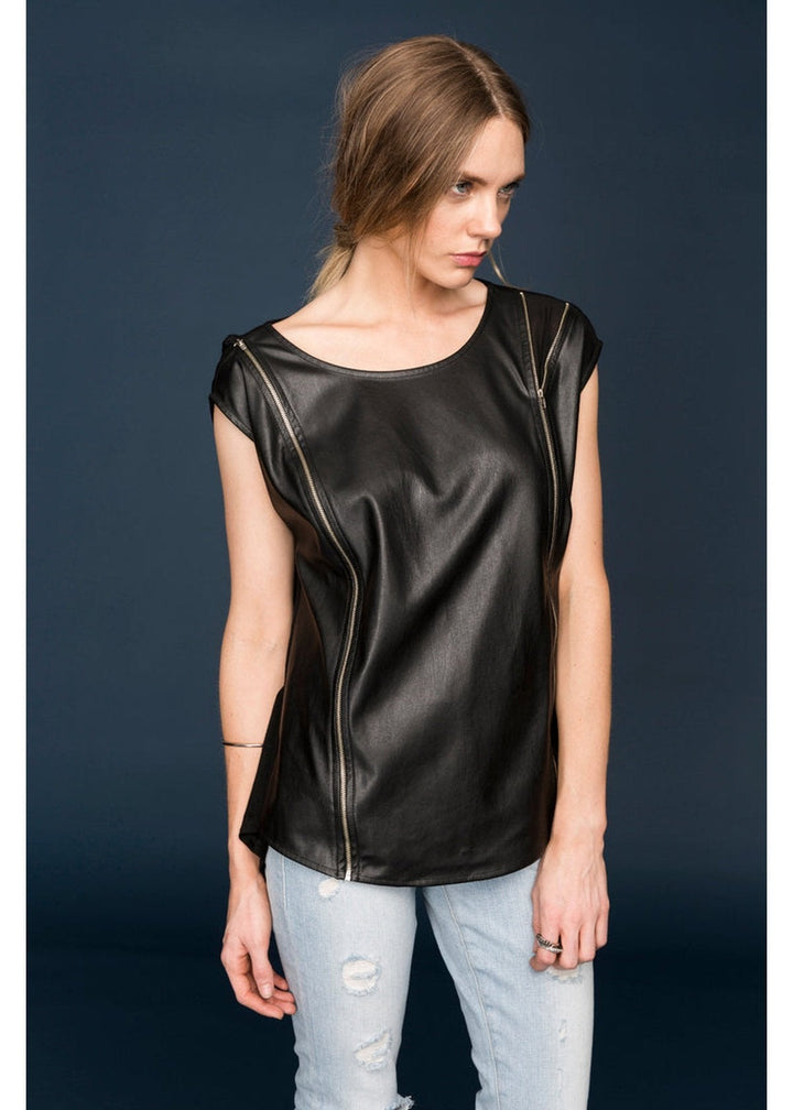 Women's Zip Shoulder Leather Front Top by Shop at Konus