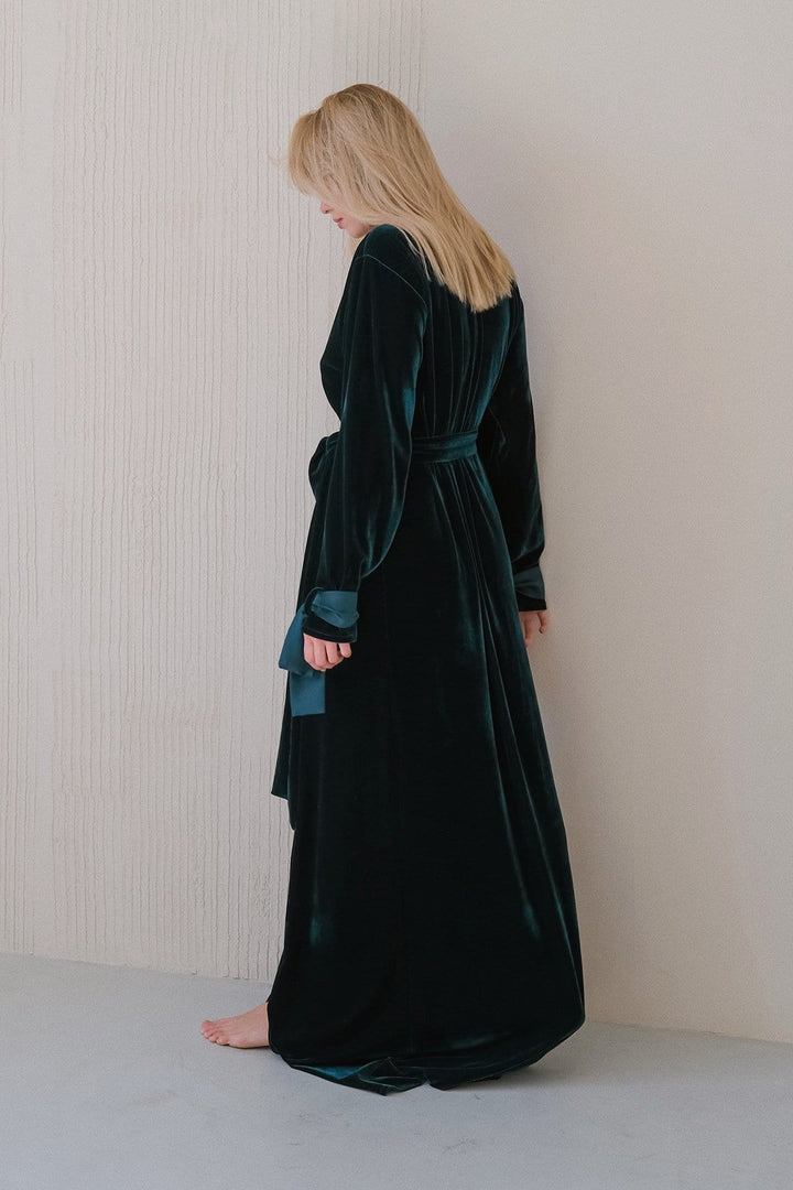 Velour Long Home Robe with Satin Ties Emerald by Angie's Showroom