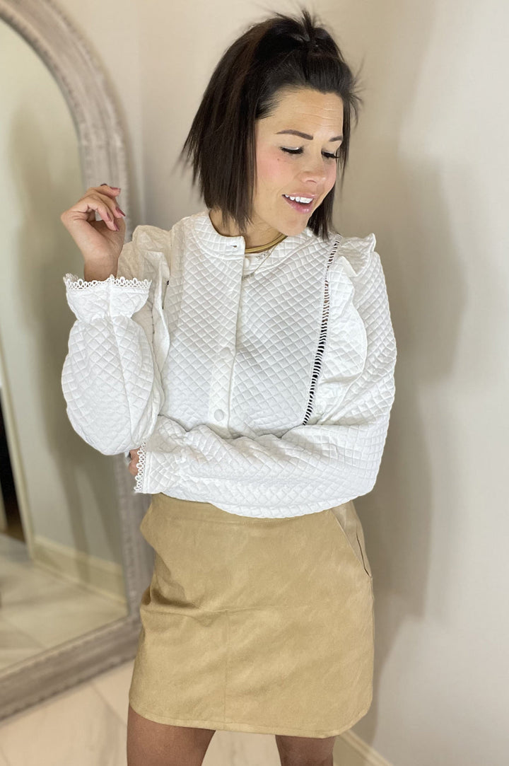 White Quilted Ruffled Blouse