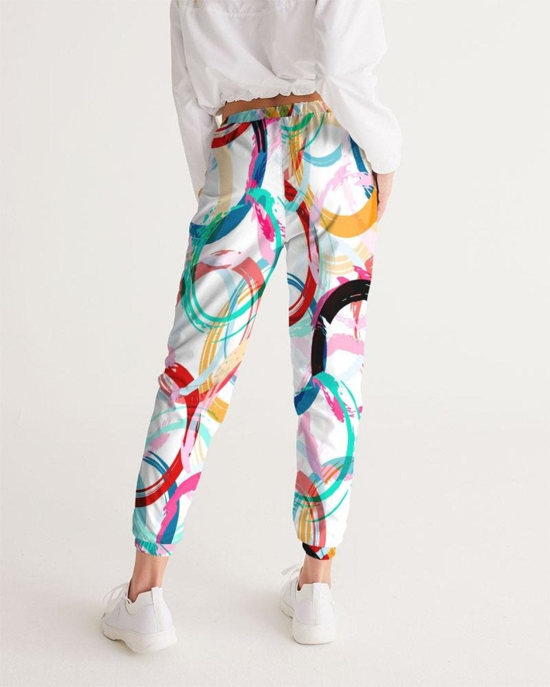 Women's Track Pants - White Multicolor Circular Graphic Sports Pants