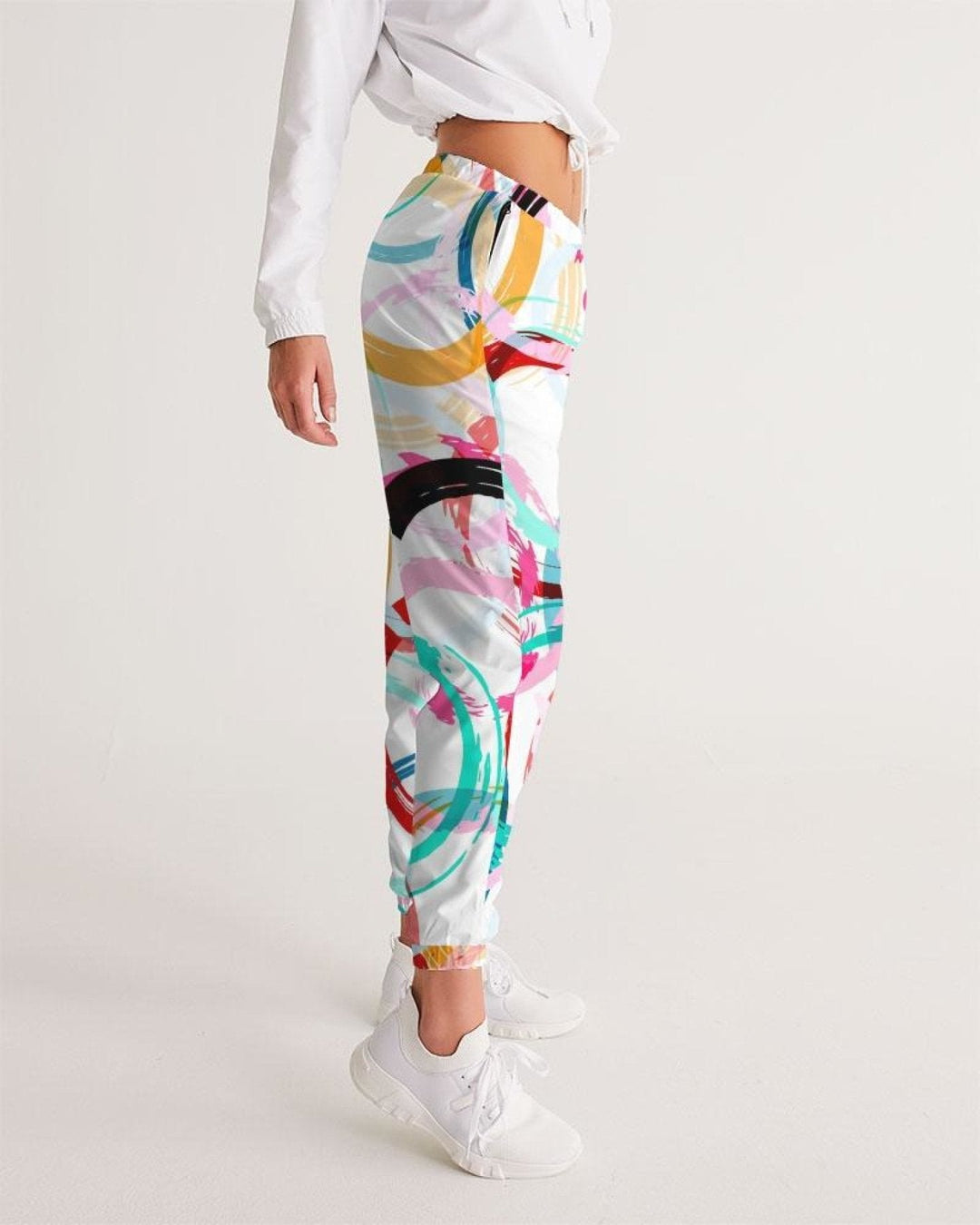 Women's Track Pants - White Multicolor Circular Graphic Sports Pants