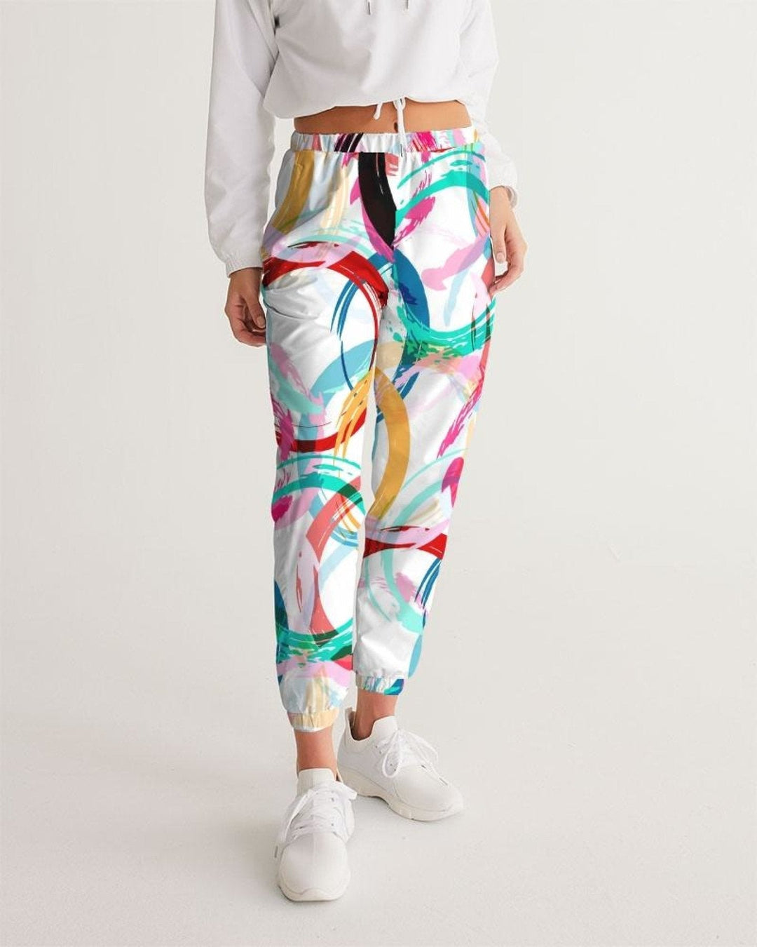 Women's Track Pants - White Multicolor Circular Graphic Sports Pants