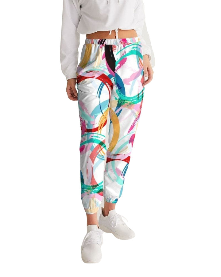 Women's Track Pants - White Multicolor Circular Graphic Sports Pants