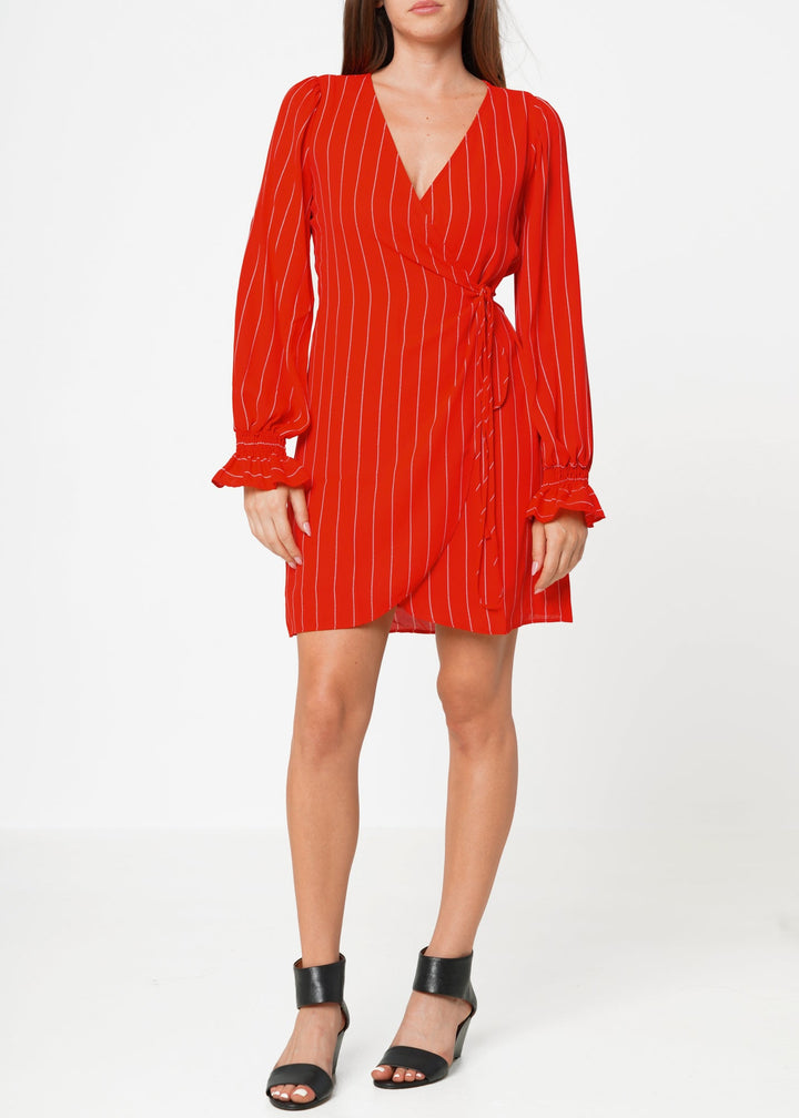 Smocked Bell Sleeve Wrap Dress in Red