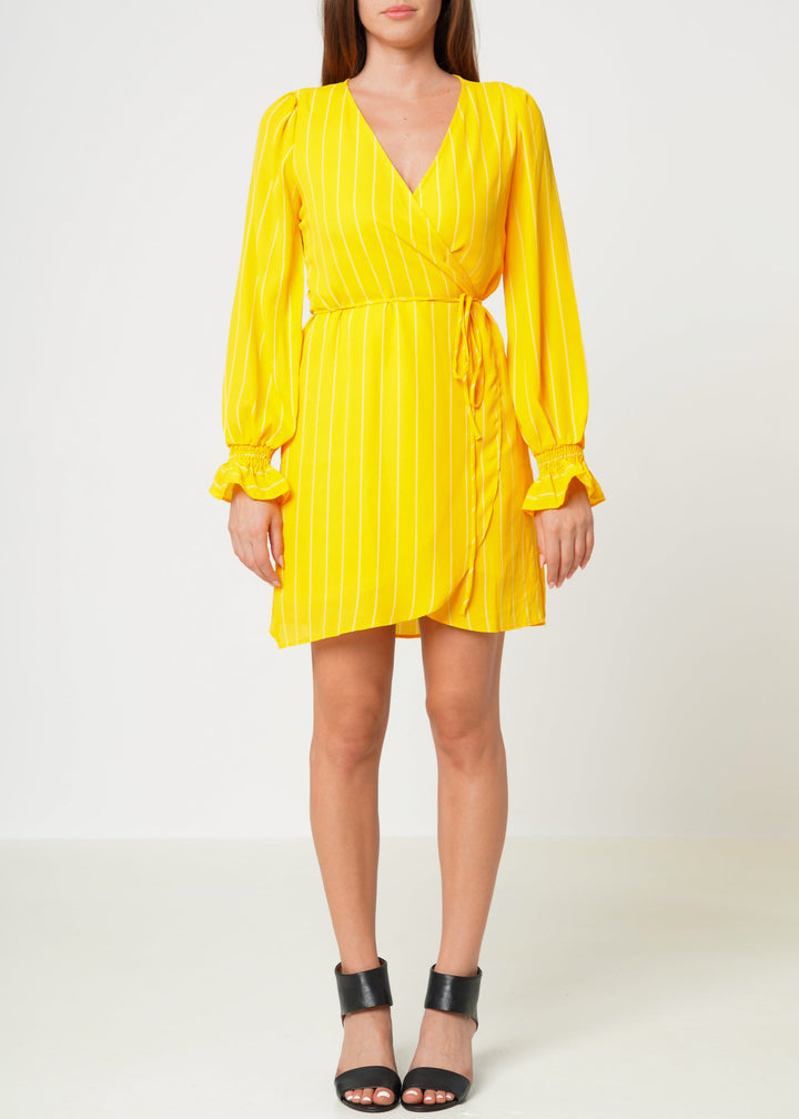 Smocked Bell Sleeve Wrap Dress in Yellow