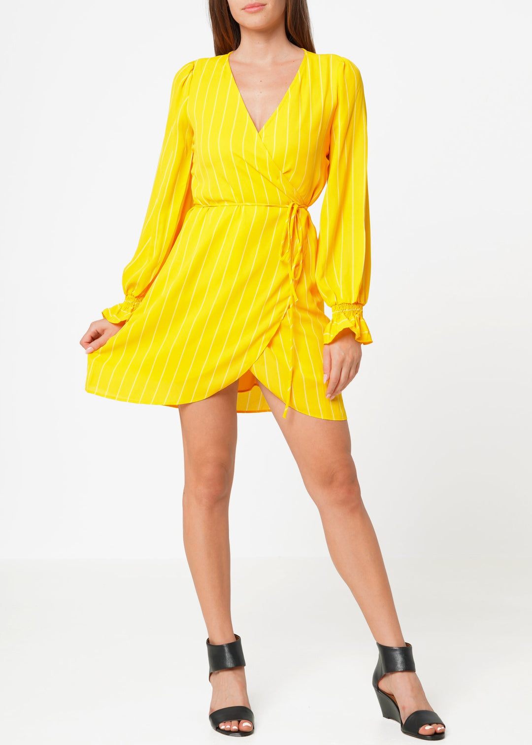 Smocked Bell Sleeve Wrap Dress in Yellow