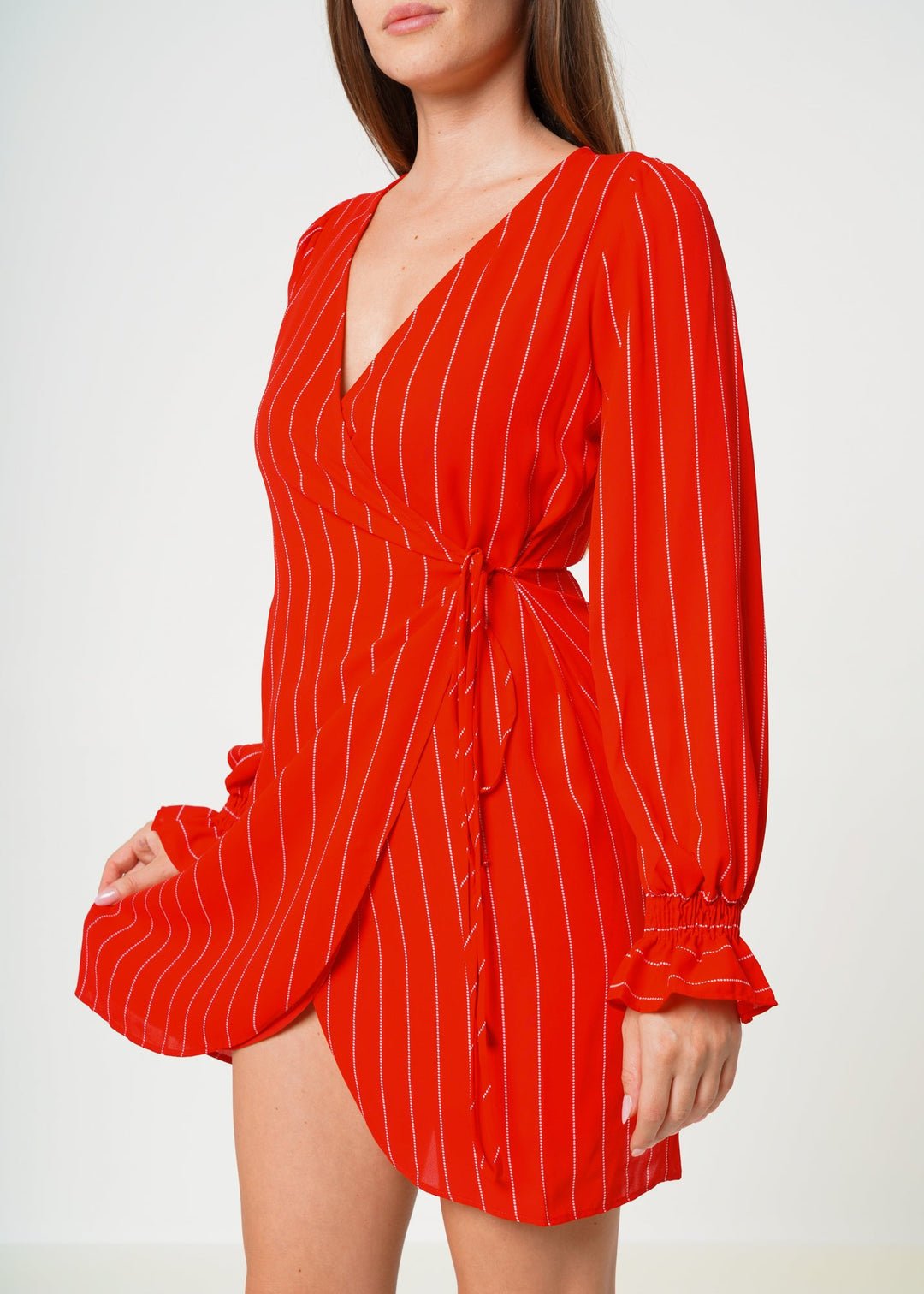 Smocked Bell Sleeve Wrap Dress in Red