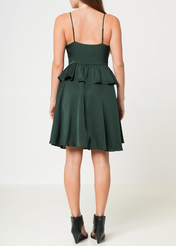 Deep V-neck Ruffle Baby Doll Dress In Hunter Green