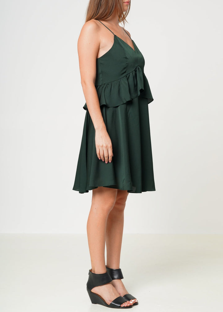 Deep V-neck Ruffle Baby Doll Dress In Hunter Green