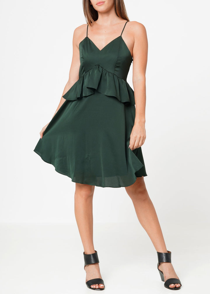 Deep V-neck Ruffle Baby Doll Dress In Hunter Green