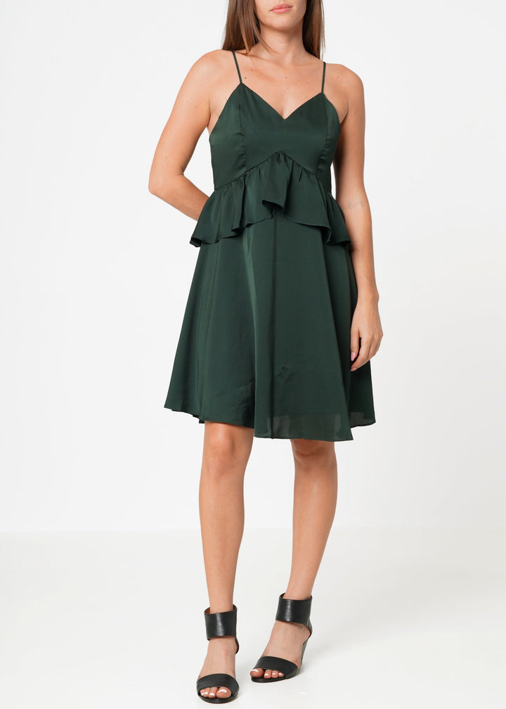 Deep V-neck Ruffle Baby Doll Dress In Hunter Green