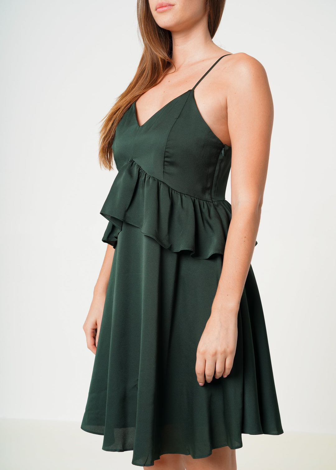 Deep V-neck Ruffle Baby Doll Dress In Hunter Green